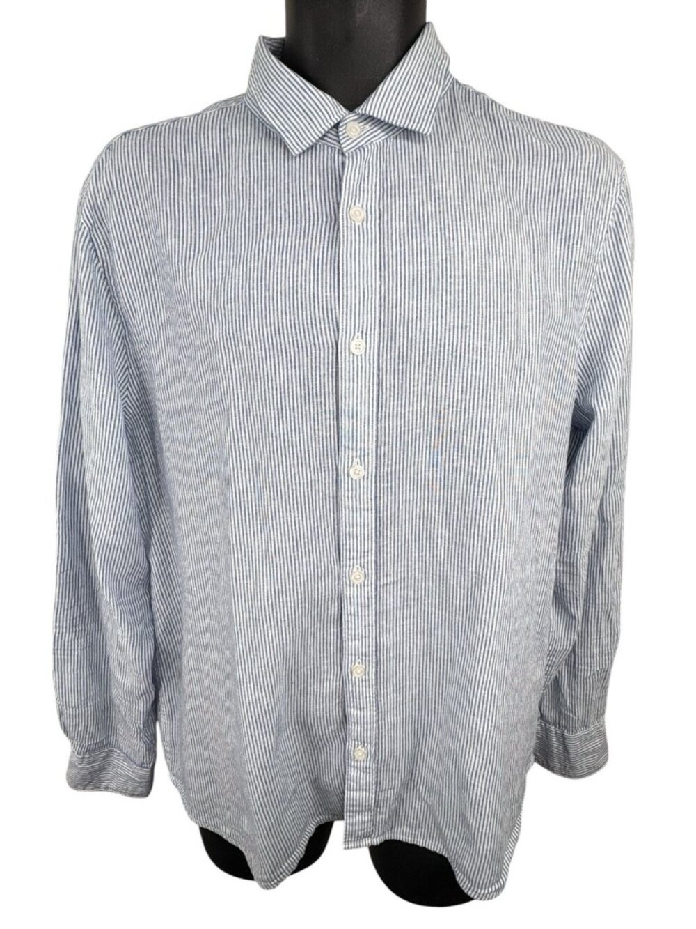 Perry Ellis Linen Seersucker Blue Stripe Button Up Shirt Roll Tab Sleeve Men L